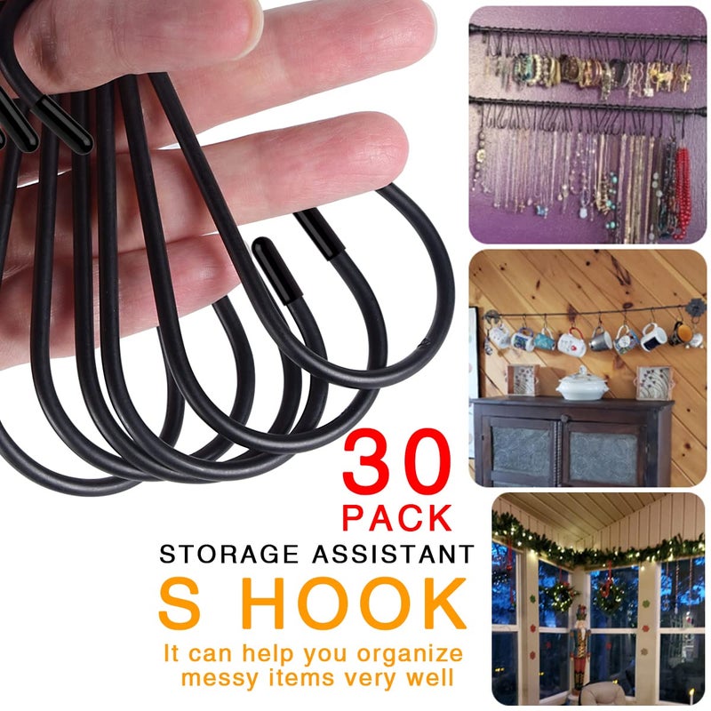 Lightique 30 Pack S Hooks, 3.54 In Matte Black Heavy Duty Metal S Hooks Can with Stand, Up to 33 lbs, For Kitchen, Office, Garden or Outdoor, Hanging Plants, Clothes, Pots, Pans, Cups, Bags, Jewelry, Towels - Image 2